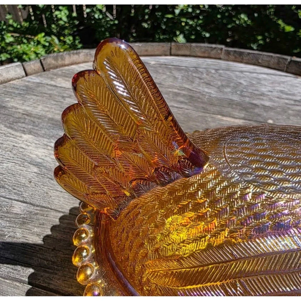 Indiana Glass Amber iridescent Carnival Glass Hen on Nest Covered Dish Rare VTG